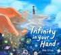 „Infinity in Your Hand“ und „Deb JJ Lee“. Eine große Hand streut Sand, bunte Planeten und Sterne, Strand im Hintergrund.