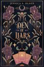 Der Text "Jessica S. Olson" und "Den of Liars" steht auf einem kunstvollen, floralen Design mit Monden und Karten.