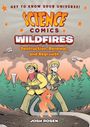 Titel: "Science Comics Wildfires". Zwei Feuerwehrleute im Wald, Hubschrauber und Flammen im Hintergrund.