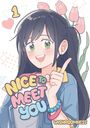 Text: "1", "NICE TO MEET YOU", "WISHROOMNESS". Illustration eines lächelnden Mädchens mit langen Haaren und Blumen im Hintergrund.