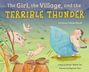 „The Girl, the Village, and the Terrible Thunder.“ Eine Illustration zeigt ein Mädchen im Wind, mit Tieren und fliegenden Blättern.