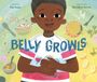 "Belly Growls" in blauer Schrift, ein Kind mit verschränkten Armen, umgeben von Illustrationen verschiedener Speisen.
