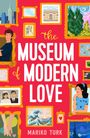 Text: „The Museum of Modern Love“, „Mariko Turk“. Illustrationen: Personen in Bilderrahmen, Stadtansicht, Natur, Welle.