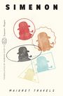 "SIMENON", "MAIGRET TRAVELS". Mehrfarbige Silhouetten eines Mannes mit Hut und Pfeife, umrahmt von geometrischen Formen.