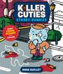 "KILLER CUTIES STABBY BUNNIES", "COZY CRIME SCENES to COLOR", "ANNA GUILLET". Eine Illustration mit einem Detektiv-Katzencharakter.
