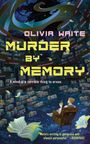 "OLIVIA WAITE MURDER BY MEMORY. A mind is a terrible thing to erase." Fantasievolle Bibliothek mit schwebenden Büchern.