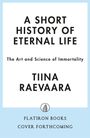 Text: "A Short History of Eternal Life. The Art and Science of Immortality. Tiina Raevaara. Flatiron Books. Cover forthcoming." 
Ein minimalistisches Design mit blauem Rand und einem kleinen Logo.