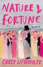 "Nature & Fortune, a novel, Carey Lifschultz." Illustration einer Hochzeitsparty am Strand mit fröhlichen Menschen.