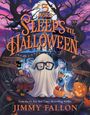 "5 MORE SLEEPS 'TIL HALLOWEEN" in großen Buchstaben darüber ein Gespenst mit Brille und ein Hund vor einem Spukhaus.