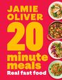 "JAMIE OLIVER 20 minute meals Real fast food" steht in großen, gelben Buchstaben auf rotem Hintergrund. Rechts vier bunte Tellergerichte.