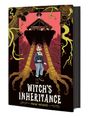 „Witch's Inheritance“ und „Paige Hender“. Kind vor riesigem Hühnerbein-Haus in mystischem Wald.