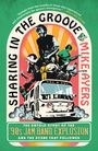 "Sharing in the Groove" von Mike Ayers. Buchcover. Rockmusiker auf einem Bus, leuchtende Farben und Retro-Stil.