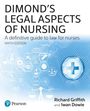 Text: "DIMOND'S LEGAL ASPECTS OF NURSING", "A definitive guide to law for nurses", "NINTH EDITION", "Richard Griffith and Iwan Dowie". Blaues, medizinisches Design mit Symbolen und Logo.