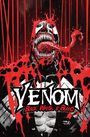„VENOM: Black, White & Blood“ in stilisierten Buchstaben. Illustration eines Wesens mit großem Maul und Zunge in Rot, Weiß, Schwarz.