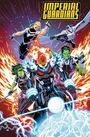 "IMPERIAL GUARDIANS" oben, darunter fünf Superhelden in Aktion. Eine Figur auf einem Motorrad, Flammen und Energieeffekte.