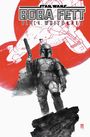 Text: "Star Wars: Boba Fett Black, White & Red". Eine Illustration von Boba Fett steht auf einem Felsen, im Hintergrund ein roter Kreis.