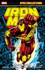 "IRON MAN" in gelbem, blockartigem Schriftzug auf rotem Hintergrund, Comic-Illustration: Superheld bricht durch Glas.