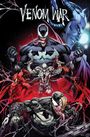 Text: "VENOM WAR". Comic-Illustration mit mehreren Figuren. Dominiert von Venom, schwarzer Körper, große Zähne.