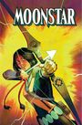 "Moonstar" steht oben. Ein Krieger mit Pfeil und Bogen zielt. Umgeben von gelber Energie. Comic-Stil.