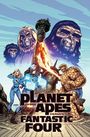 "Planet of the Apes versus Fantastic Four" zeigt Helden und Affen. Die Freiheitsstatue ist im Hintergrund.