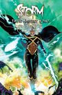 „Storm: Earth's Mightiest Mutant“. Eine Frau in einem schwarzen Outfit mit weißen Haaren steht in einer stürmischen Umgebung.