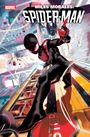 "Miles Morales: Spider-Man" steht oben. Illustration zeigt Spider-Man in schwarzem Anzug, schwingend durch eine Stadt.