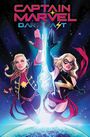 „Captain Marvel: Dark Past“ in leuchtenden Farben, zwei Superheldinnen fliegen in Weltraum, Erde im Hintergrund. Illustration.