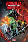 "Godzilla Conquers the Multiverse" in roten Buchstaben. Illustration mit Godzilla und bekannten Marvel-Helden in dynamischen Posen.