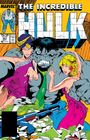 "The Incredible Hulk". Grau-grüner Riese mit zwei Frauen. Geldscheine, Münzen und ein Gewehr sind vor ihnen. Comic-Stil.