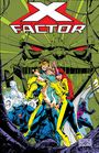"X-Factor" Logo. Fünf farbenfrohe Helden in dynamischen Posen vor einem riesigen Maschinenkopf. Comic-Illustration.