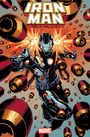 "Iron Man" und "Marvel". Illustration von Iron Man in schwarzer Rüstung, umgeben von großen Geschossen. Dynamisch und actionreich.