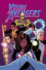 Text "Young Avengers"; Illustration von sechs jungen Superhelden in dynamischen Posen vor lila Hintergrund.