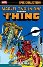 "MARVEL TWO-IN-ONE PRESENTS THE THING". Figur, die auf einem Motorrad durch eine Stadt fliegt, Vollmond im Hintergrund.