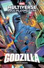 "MULTIVERSE ROLE-PLAYING GAME," "GODZILLA SOURCEBOOK." Illustration: Superhelden kämpfen um Godzilla in einer Stadt.