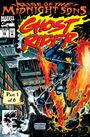 „Ghost Rider“, „Part 1 of 6“. Ein Skelett auf einem feurigen Motorrad fährt durch eine Stadt. Comic-Stil, dynamisch, dramatisch.