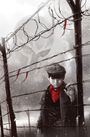 Stacheldrahtzaun, Junge mit rotem Hemd, neblig, Schneeflocken fallen, düstere Atmosphäre, große Maske im Hintergrund.