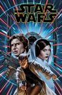 "STAR WARS" in großen gelben Buchstaben, Illustration: Figuren in Aktion mit Raumschiff und roten Laserstrahlen im Hintergrund.