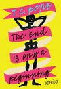 Text auf pinkem Band: "T.C. Boyle, The End is only a beginning, stories". Skelett auf gelbem Hintergrund.
