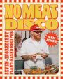 „NO MEAT DISCO“ oben, „SEVEN-INGREDIENT PLANT-BASED RECIPES“ links. Sam Jones kocht in der Küche. Bunte Gestaltung.