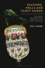 "FEATHERS, FRILLS AND FANCY GOODS" steht oben, darunter ein florales antikes Täschchen auf schwarzem Hintergrund.