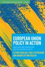 Text in großen Buchstaben: "European Union Policy in Action". Bunte Pinselstriche in Blau und Gelb.