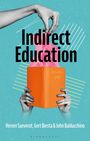 "Indirect Education" in großen Buchstaben. Eine Hand hält ein oranges Buch, aus dem rosa Formen ragen.