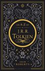 "An A-Z of J.R.R. Tolkien" in goldener Schrift, umgeben von einem Drachen, Sternen, Schwertern, Pferden und Ornamenten.