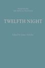 "Twelfth Night" oben mit "Shakespeare: The Critical Tradition" beschrieben, "Edited by James Schiffer". Schlichtes, blaues Design.