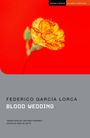 "Federico García Lorca, Blood Wedding." Oben ist eine leuchtend gelbe Blume vor rotem Hintergrund.