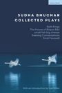 Oben steht "Sudha Bhuchar Collected Plays". Darunter eine Liste von Stücken. Zwei Schwäne fliegen über Wasser.