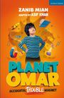 „Zanib Mian, adapted by Asif Khan. PLANET OMAR: Accidental Trouble Magnet.“ Junge in blauem Streifenshirt, bunte Symbole.