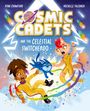 „Cosmic Cadets and the Celestial Switcheroo“. Zwei Figuren und ein blauer Hund im Weltraum, in gelben Anzügen.