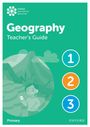 "Geography Teacher’s Guide", "Primary". Illustration eines Kindes vor Bergen. Zahlen in Kreisen: 1, 2, 3.