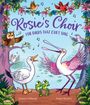 "Rosie's Choir: For Birds That Can't Sing." Illustration mit fröhlichen Vögeln und Fröschen in einer bunten, blühenden Landschaft.